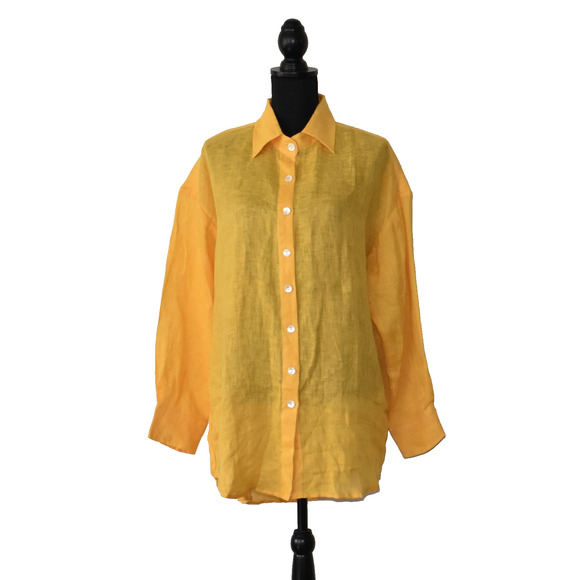 A5 NWT VITAMIN A Yellow Linen Button Front Playa Boyfriend Shirt Top Size S $148 - Picture 1 of 7